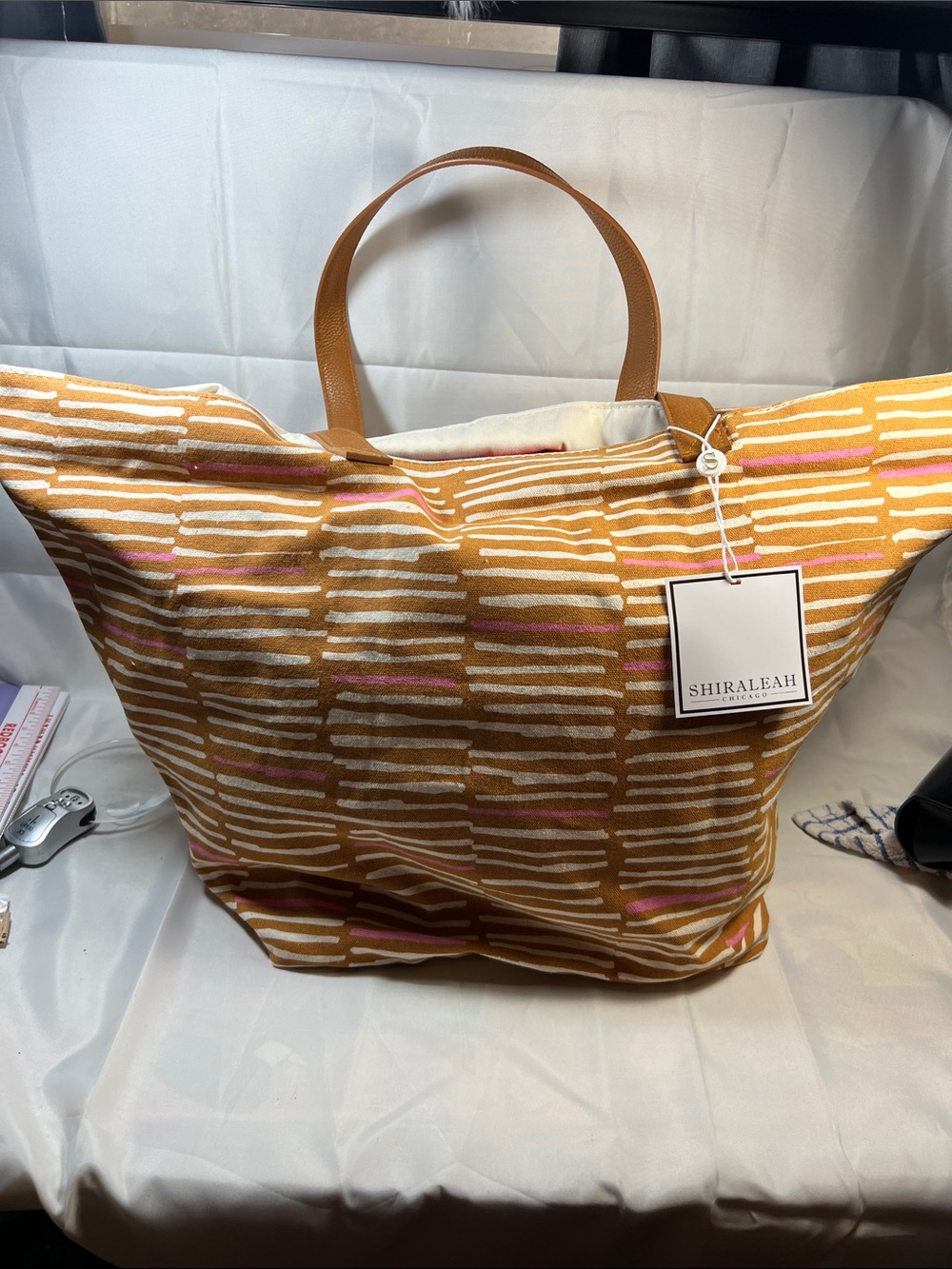 Shiraleah Mustard and Pink Striped Canvas Tote with Tan Handles